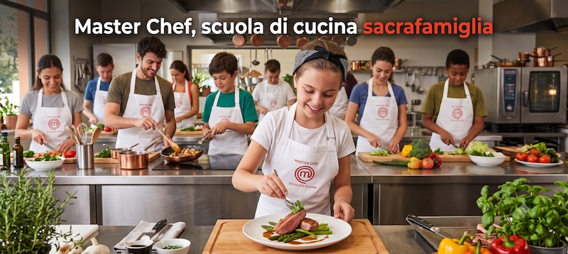 Studenti della Scuola Sacra Famiglia al lavoro in una cucina attrezzata: impiattano, tagliano verdure e cuociono. In primo piano una ragazza rifinisce un piatto.