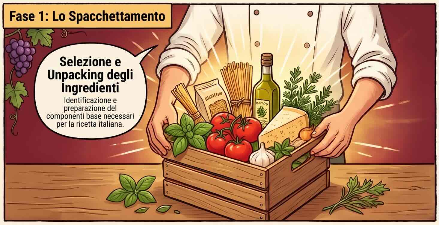 Illustrazione: due mani reggono una cassetta di legno con pasta, olio, pomodori, basilico, aglio e formaggio.