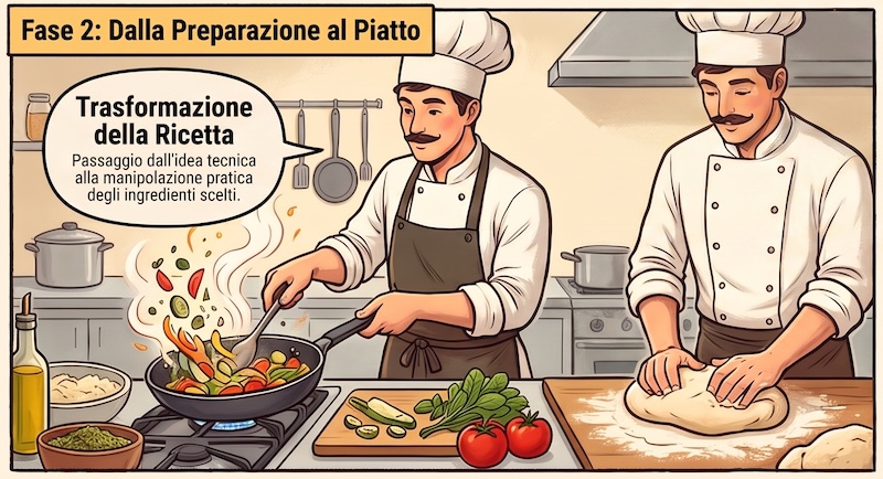 Illustrazione: due cuochi al lavoro, uno salta le verdure in padella, l'altro impasta sul banco.