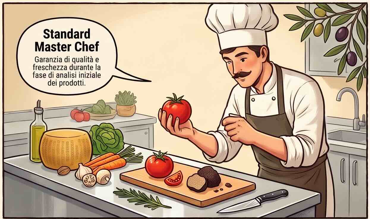 Illustrazione: un cuoco osserva un pomodoro tenendolo in mano; sul banco parmigiano, verdure, olio e un tartufo.