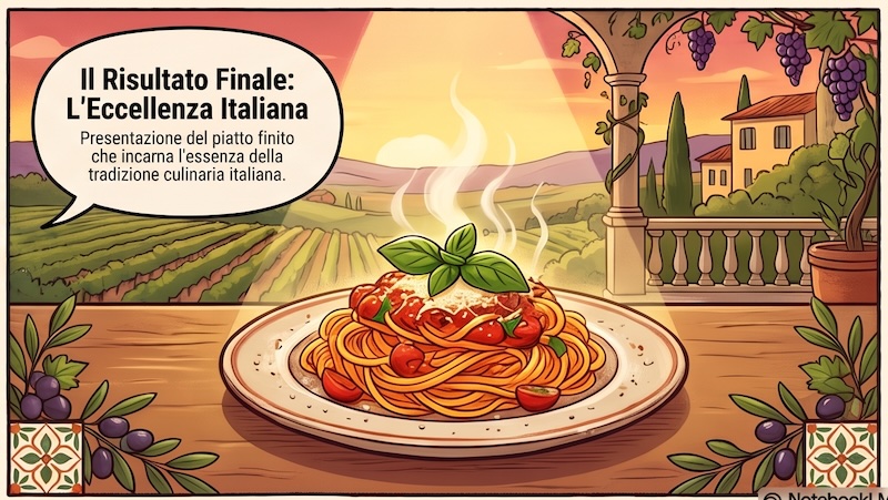 Illustrazione: un piatto di spaghetti al pomodoro fumante con basilico, su un terrazzo affacciato su colline e vigneti.
